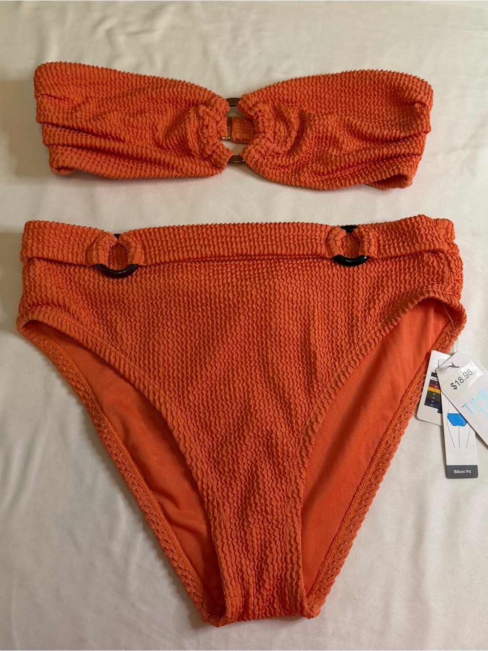 Time and Tru Textured Bandeau Bikini Set NWT Size S (4-6) Coral Orange